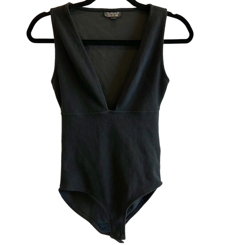 Topshop Ribbed Black Plunging V Neck Sleeveless Bodysuit - size 6